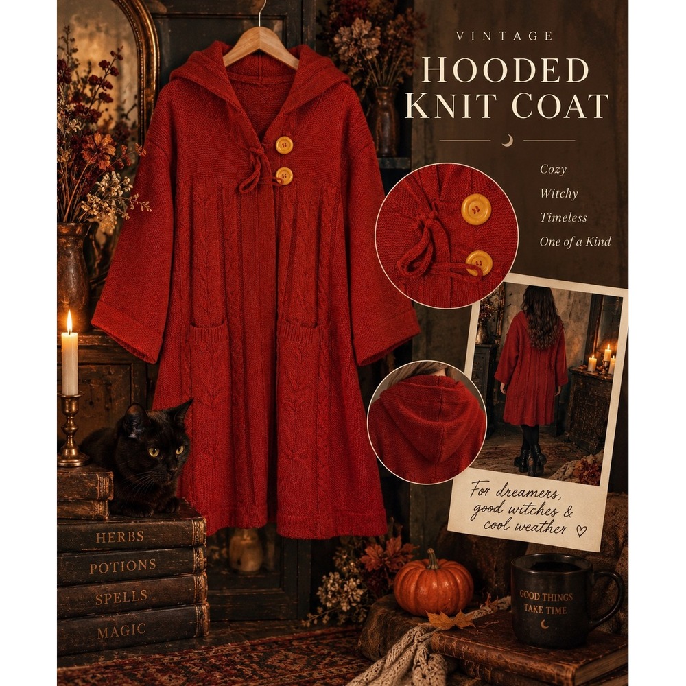 Rust Red Cable Knit Hooded Cardigan Sweater Toggle Button Longline Pockets